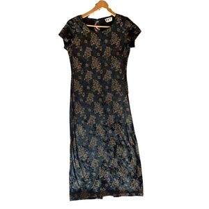 Vintage DBY Black & Gold Pattern Dress – Velvet Feel, Fits Like M